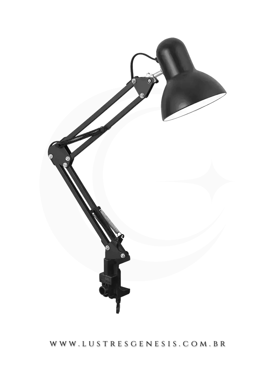 Luminária de mesa preta com design articulado para leitura e decoração. Lustres Gênesis loja online de Lustres e Iluminação Decorativa